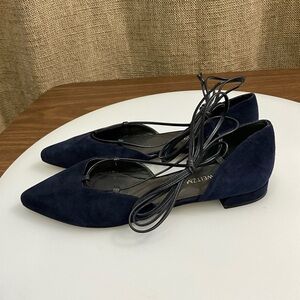 Stuart Weitzman Gilligan Navy Blue Suede Ankle Tie Flat Shoes Ballet D’Orsay 9